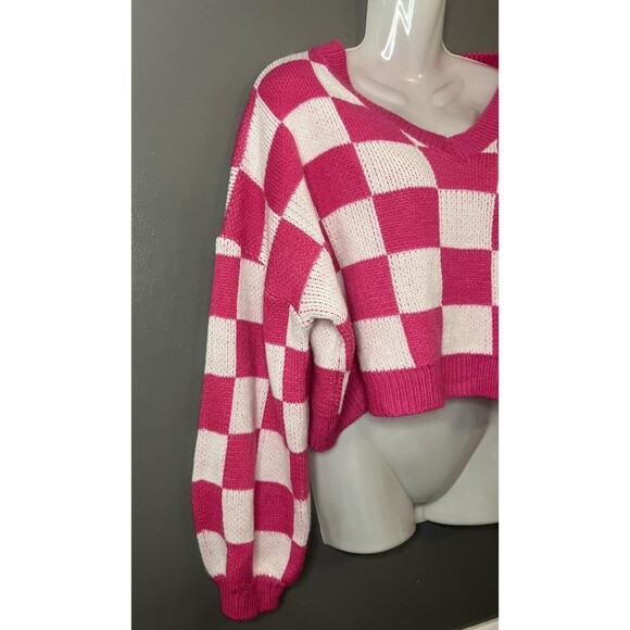 Better Be Sweater Womens Medium Pink White Checkered Cropped Balloon Sleeve - Picture 2 of 9